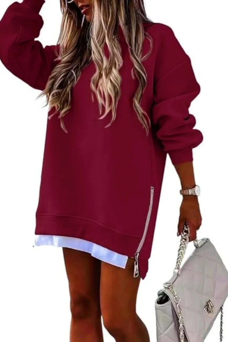 Women's  Spring Autumn Fashion Splicing Side Zipper Design Sweatshirt Round Neck Long Sleeved Mid Length Irregular  Tops