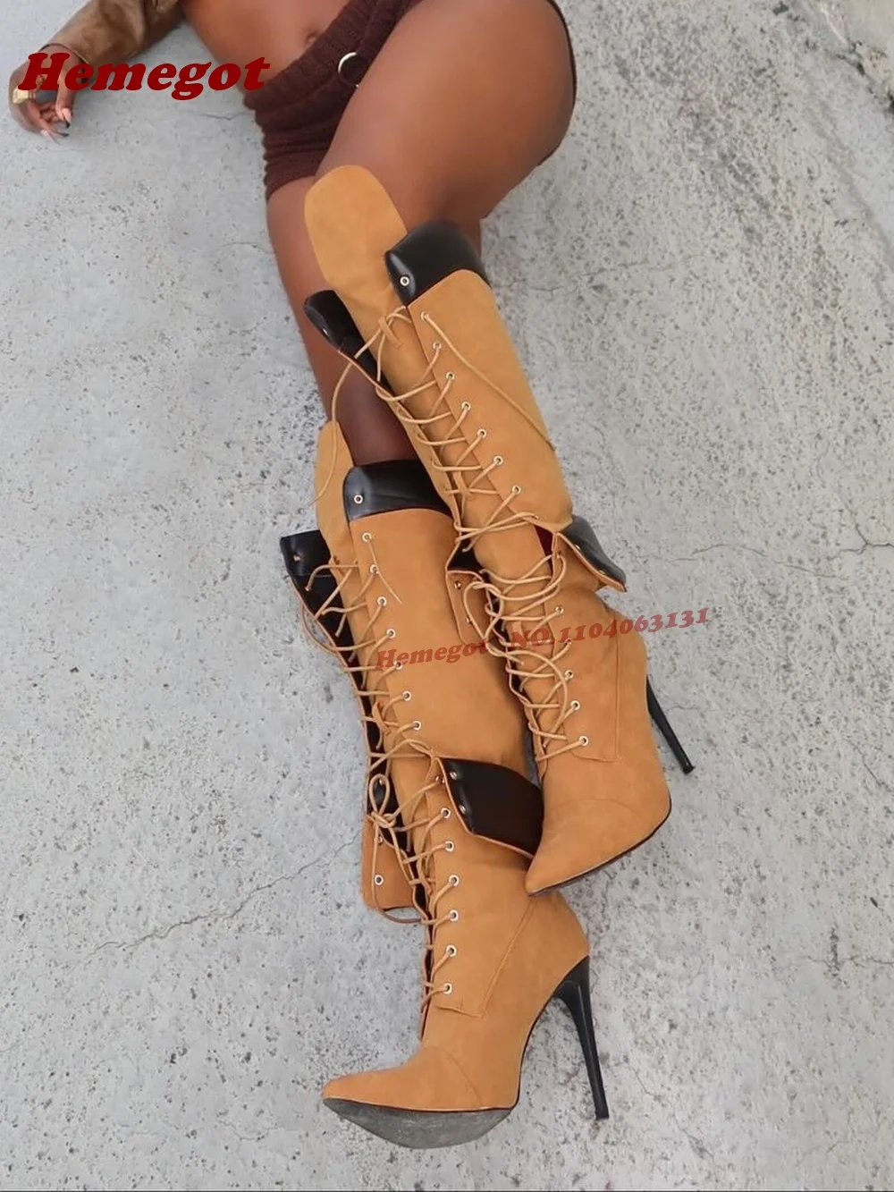 

Brown Patchwork Stiletto Heels Knee High Boots Pointy Toe Cross Tied Lace-Up Women's Long Boots Splicing Luxury Runway Shoes