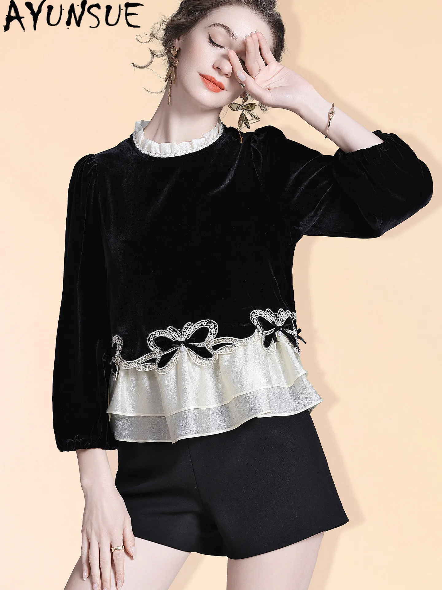 AYUNSUE 100% Genuine Silk Tops for Woman 2026 Spring New Arrive Silk Velvet Longsleeve Top French-style Slimming Top Mujer Ropa
