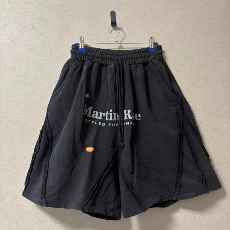 

Vinatge Washed Rose Shorts Line Splicing Letter Label Print Drawstring Cropped Pants Men Women Casual Street Outfit
