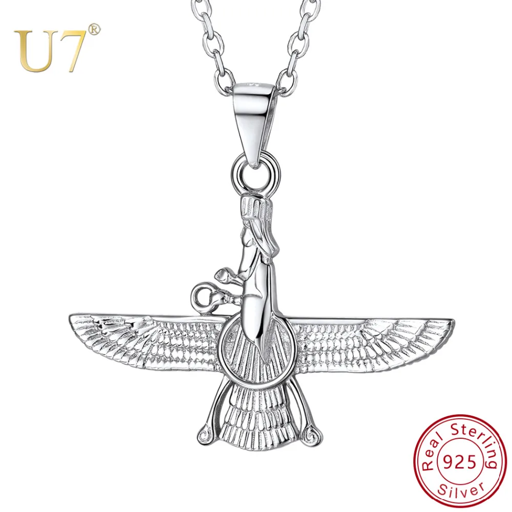 

U7 925 Sterling Silver Faravahar Necklaces 3D Embossed Pendant O-Chain Iranian Ahura Zoroastrianism Statement Unisex Jewelry