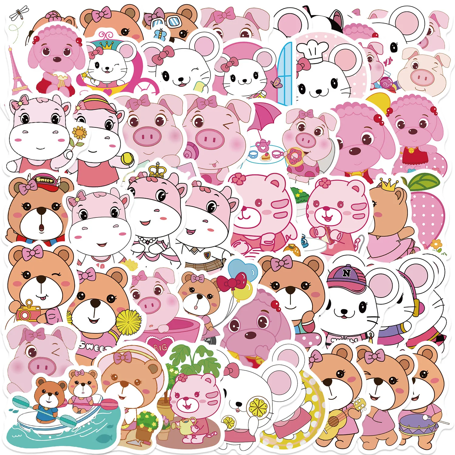 59PCS Fun Cartoon Pink Animal Graffiti Stickers Scrapbooking Collage Material Phone Cases Guitar Notebooks DIY Decorative
