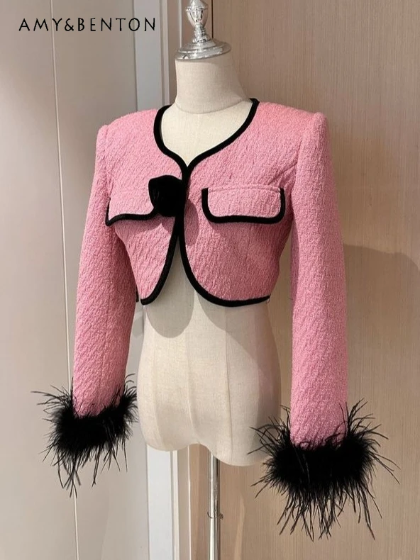 

Socialite Light Luxury Pink Feather Fringed Long-sleeved Slim Short Coat Spring Autumn New High-end Fashion Tweed Coat Woman