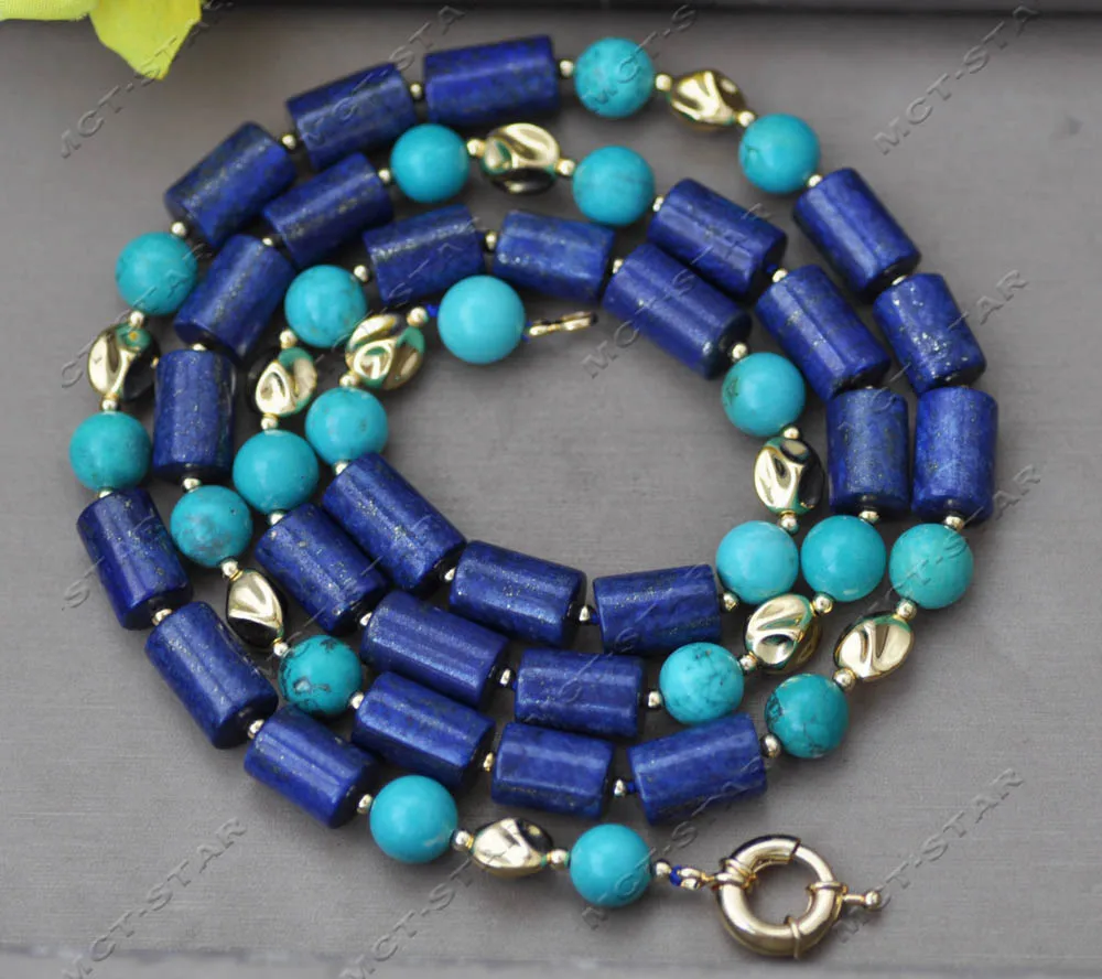 Z13381 34'' 15mm Round Turquoise Blue Cylindrical Lapis-Lazuli Gold-Plated Block Necklace Custom Jewelry