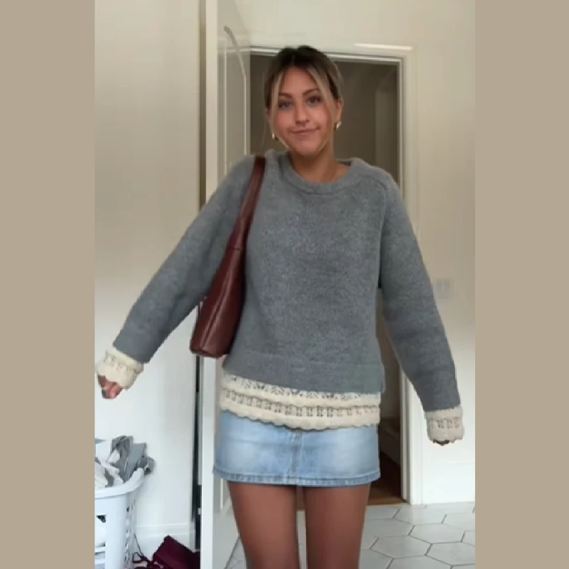 

Базовый свитер с круглым вырезом для женщин, вязаные пуловеры с длинными рукавами и кружевным подолом, повседневный универсальный топ, новинка 2023 года, женские свитера