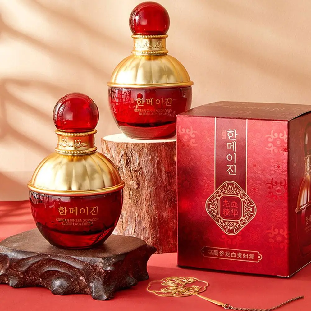 50g coreano ginseng rojo sangre de dragón Oriental señora crema reparación brillo polvo extractos perla hierba ajuste hidratante E7W3