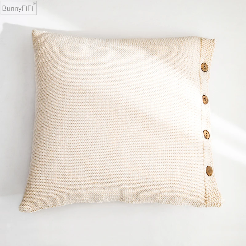 Soft Cotton Knit Cushion Cover Vintage Ivory Grey Pink Green Solid Pillow Case 45cm*45cm Button Open Home Decoration Nordic