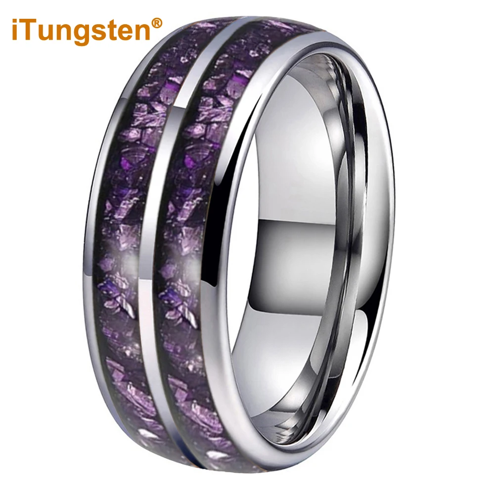 ITungsten 8mm Men's Women's Fashion Engagement Wedding Band Nice Tungsten Carbide Ring Purple Gemstone Inlay Comfort Fit