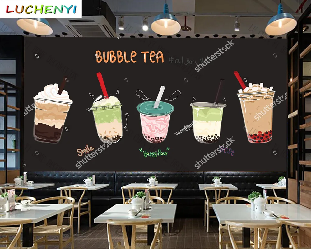 Custom bubble tea coffee juice mural wallpaper restaurant cold drinking shop dining room wall papers home decor sticker