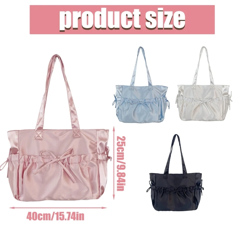 E74b bolsa feminina estilo japonês doce plissada com laço bolsa ombro escola menina cor sólida bolsa nylon