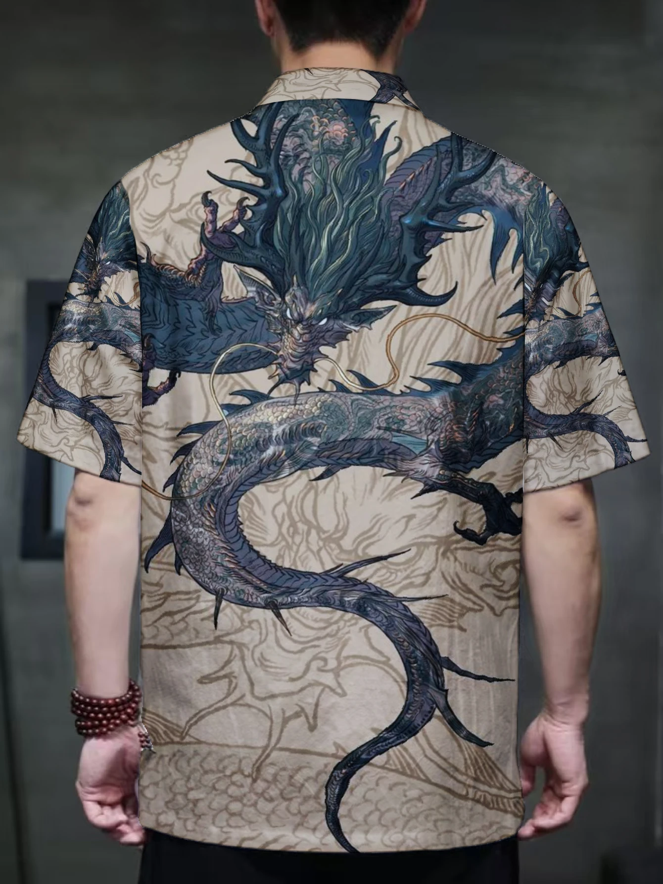 Men Mandarin Collar Frog Button Short Sleeve Shirt Retro Oriental Full Print Casual Outer Top With Dual Side Pockets