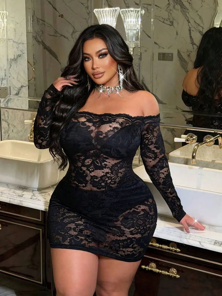 

Plus Size Black Lace Off-Shoulder Long Sleeve Mini Dress