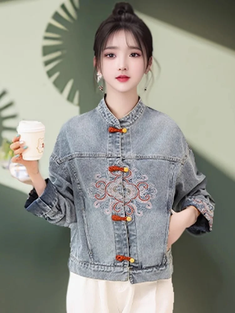 جديد الصينية Sle المطرزة الدنيم Jaet المرأة ربيع الخريف أعلى أزرار كيتس مستقيم قطع ort معطف لا