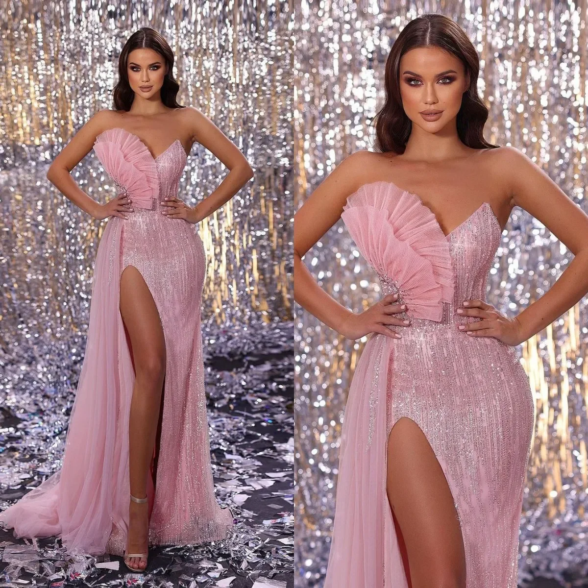 

Роскошное кружевное платье русалки с кристаллами и бисером по индивидуальному заказу, сексуальное вечернее платье без бретелек с v-образным вырезом и разрезом по бокам, 2025