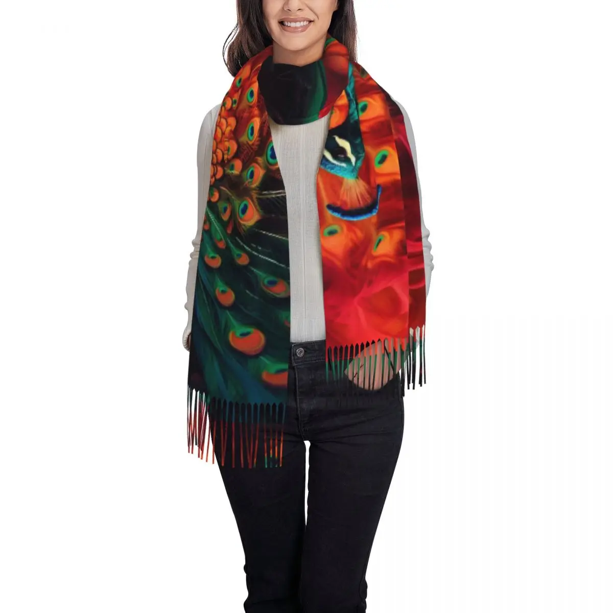 وشاح ريش الطاووس شرابة الأوشحة للنساء شالات دافئة ناعمة ويلتف شال طويل الخريف والشتاء