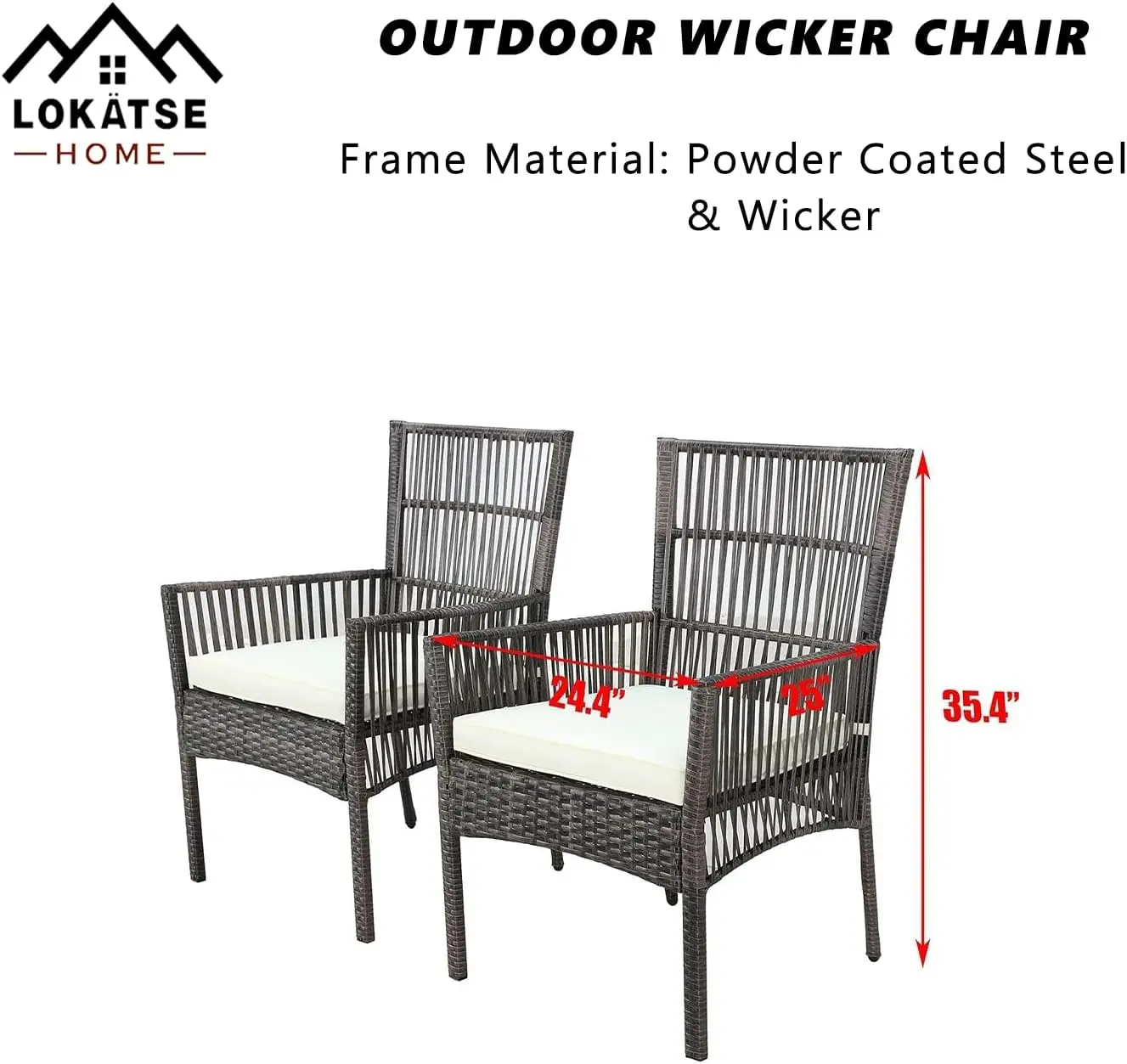 2 Pieces Outdoor Wicker Chair Metal Dining Armchairs with Cushion, Beige