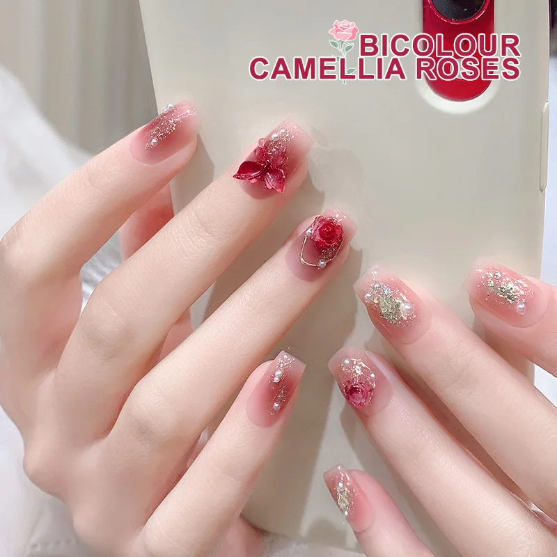 Süße rosa Farbverlauf Rose Kamelie Blumen Schleife Strass Kristall Perle Bohrer Nail Art Dekorationen Maniküre Werkzeug Zubehör