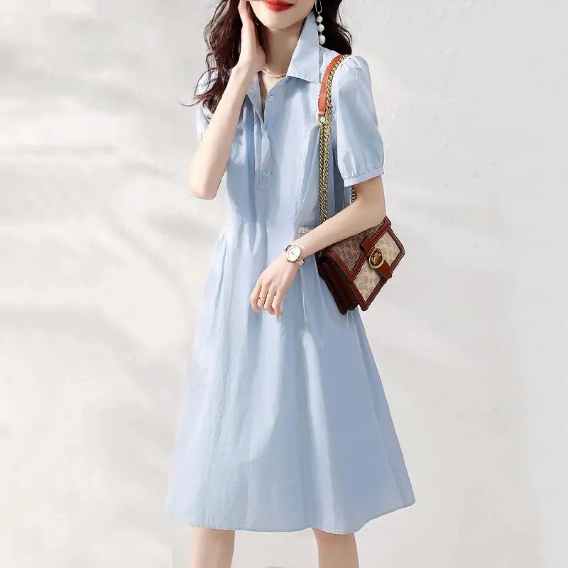 

2026 French Summer Solid Color Vestidos Women New Short Sleeve Casual Shirt Dress Female Loose Pockets A-line Dresses U191