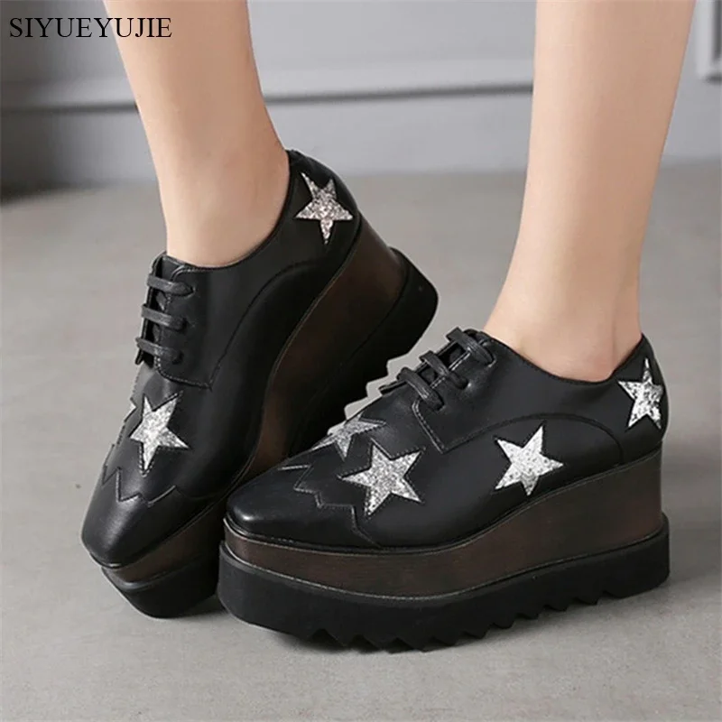 

Модные женские кроссовки на плоской подошве со звездами, непромокаемые женские лоферы на танкетке с толстой подошвой, повседневная обувь на увеличенной платформе с квадратным носком