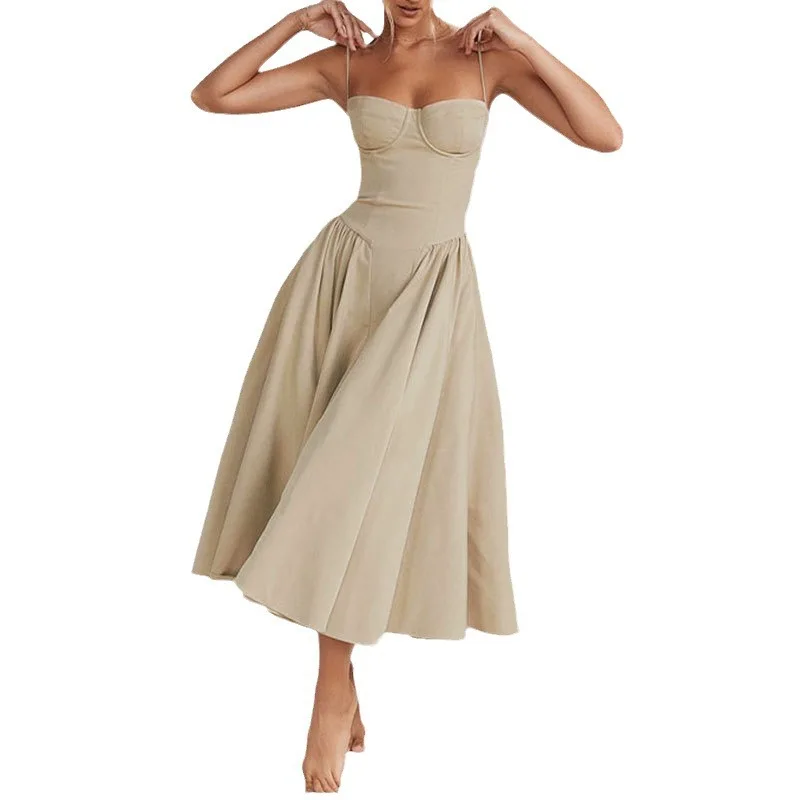 

European and American Cross-border Women's Clothing New French Retro Court Style Solid Color Sexy Suspender Spring Dress Women