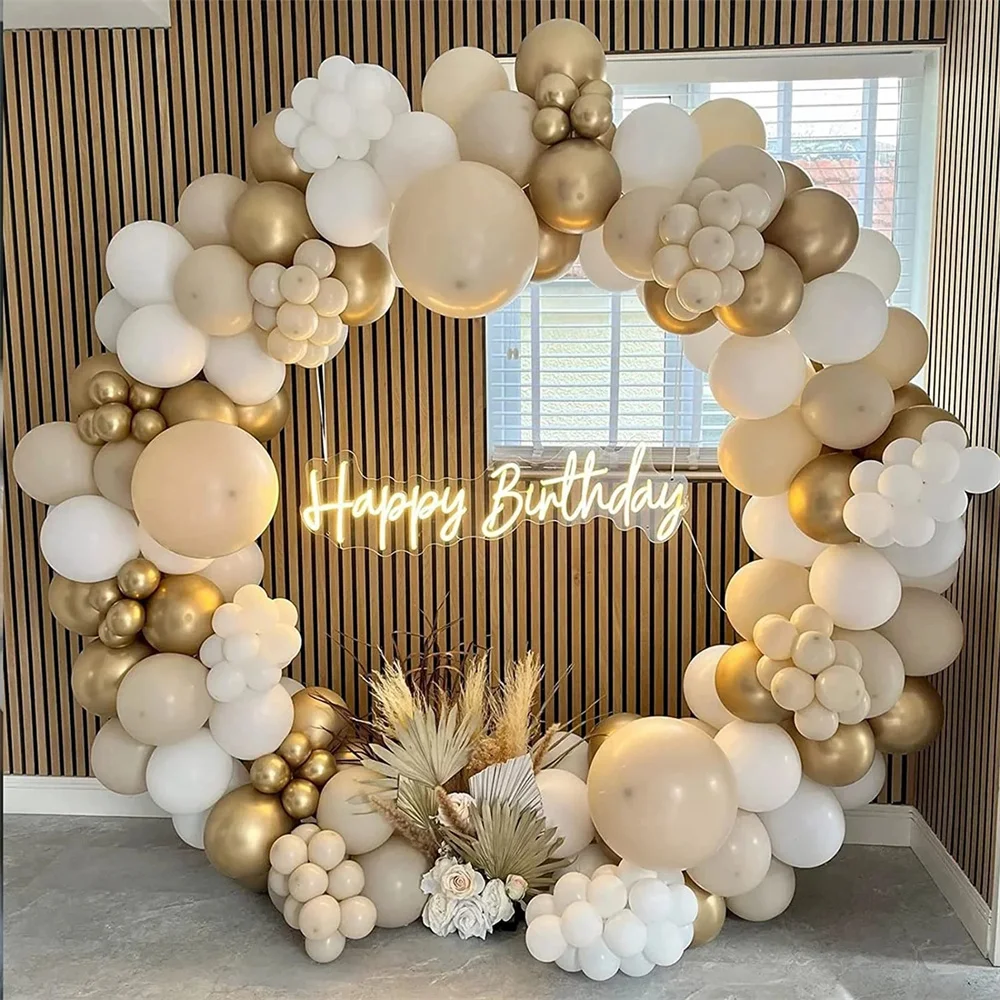 

136pcs White Sand Gold Balloons Garland Arch Kit White Nude Metallic Chrome Gold Latex Balloon for Boho Wedding Decoration