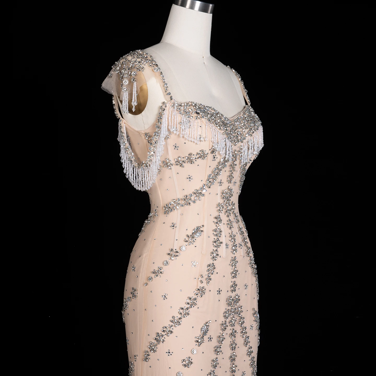 Sharon Said Kendall Jenner Langes Nude Meerjungfrauen-Abendkleid mit Kristallen für Abschlussball, Schwarzes Mädchen-Abschlussfeierkleid SS358 Maßanfertigung – Detail 14