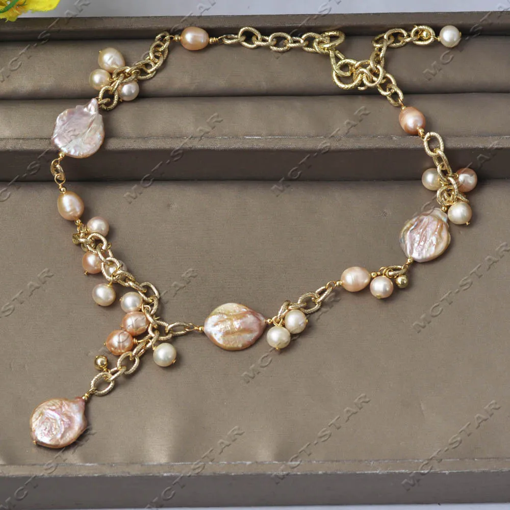 

MTC·STAR 22" 20mm Pink Coin Rice Round Pearl Chain Necklace Pendant（Z13843）