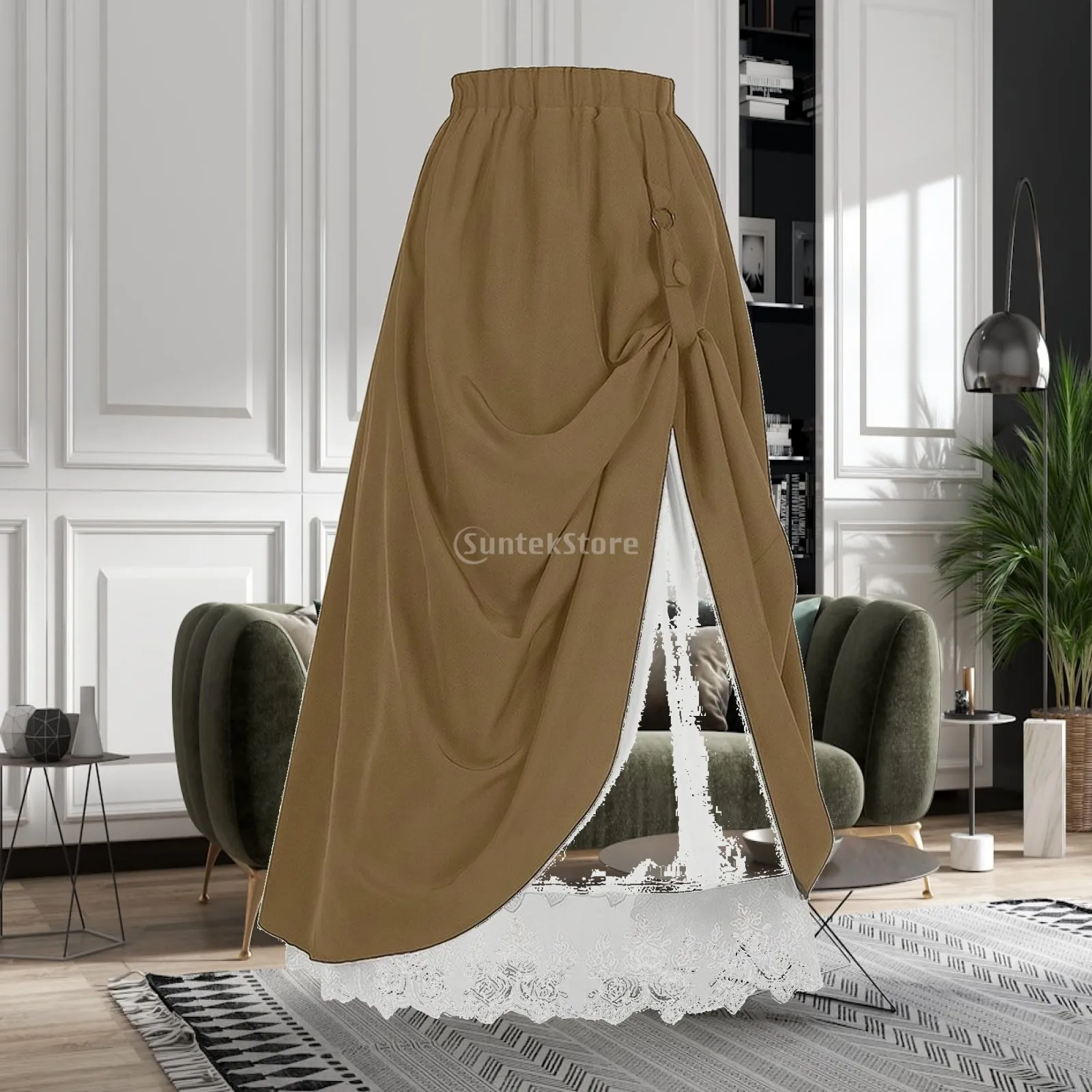 Asymmetric Pleated Dance Skirt for Women with Side Metal Ring Strap Lace Trimmed Underlayer