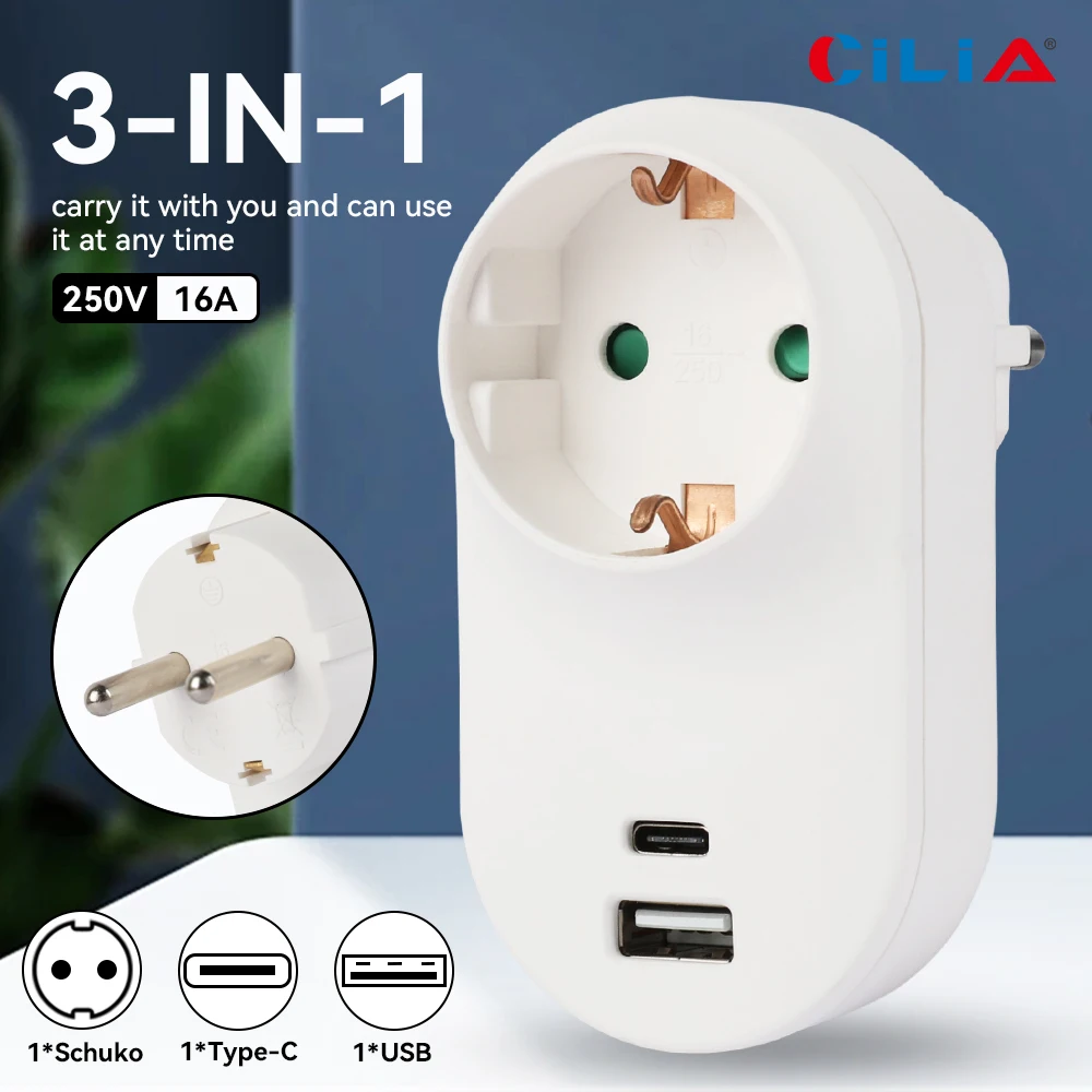 

1pc/2pcs European Standard Multi-functional Wall Plug with one USB and Type-C port, a 2-hole grounded socket. Suitable for house
