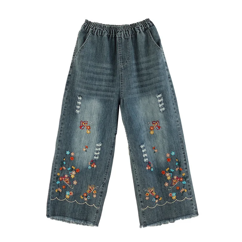 Denim Pant Women Mom Jeans Long Pants Embroidery High Elastic Waist Straight Trousers Y2k Streetwear Elegant Splice Club Casual