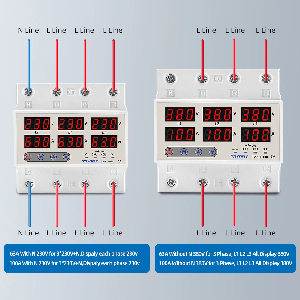 Protecteur Surtension Triphasé 63A - 4 Fils 380V - Relais Multifonction Avec Réinitialisation Auto, Affichage Numérique