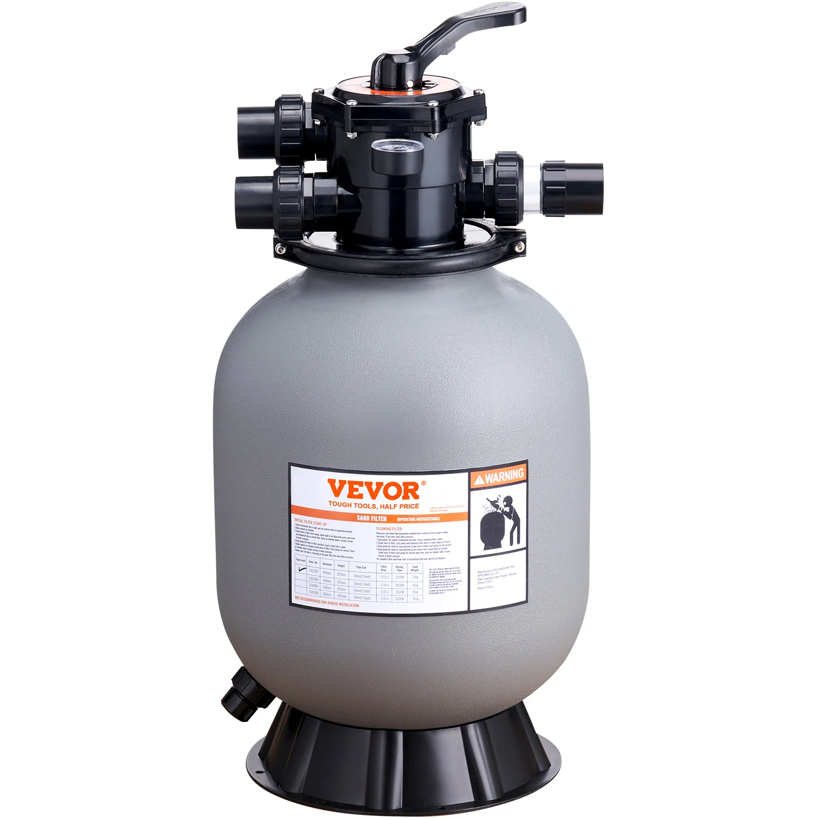 VEVOR 16/19/22/24 Inch Sand Filter with 7-Way Multi-Port Valve&High GPM Flow Rate Above Inground Swimming Pool Sand System，Gray