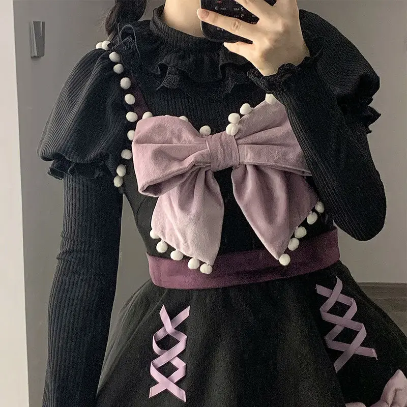 Jerséis japoneses de punto para mujer, jersey estético Y2k con lazo de retales, jersey de encaje de Lolita con mangas abullonadas, suéter dulce Kawaii, ropa para mujer