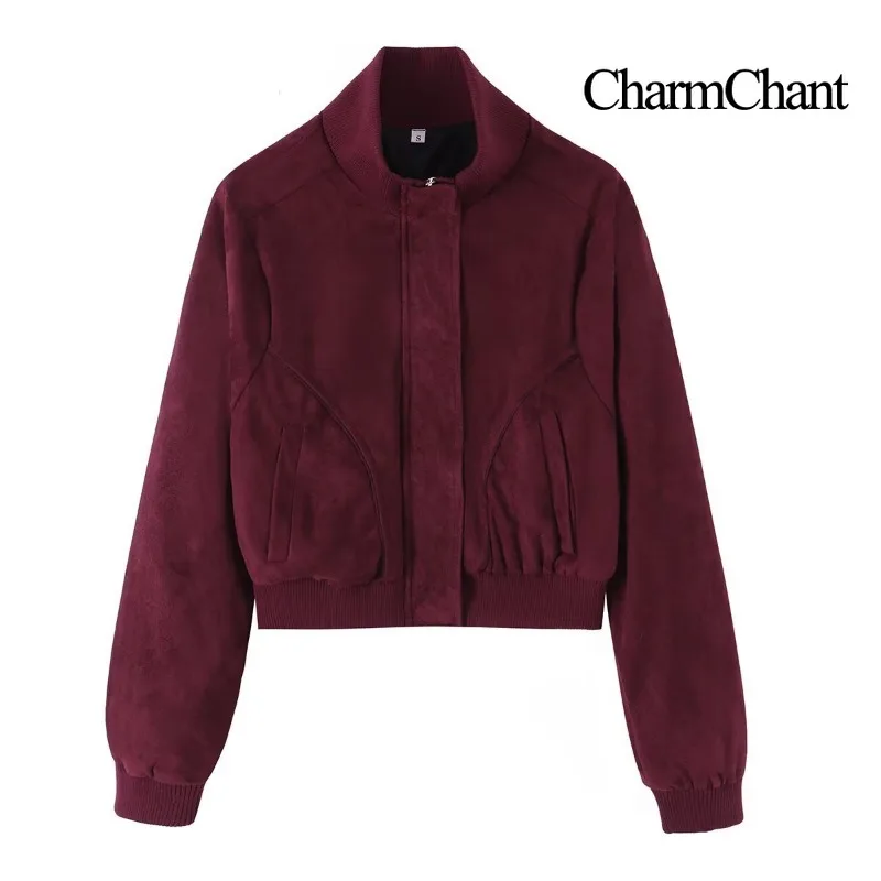 CHARMCHANT Womens Long Sleeve Suede Jacket Stand Collar Zip Up Raglan Sleeve Cropped Short Curved Seam Pockets Fall 2026