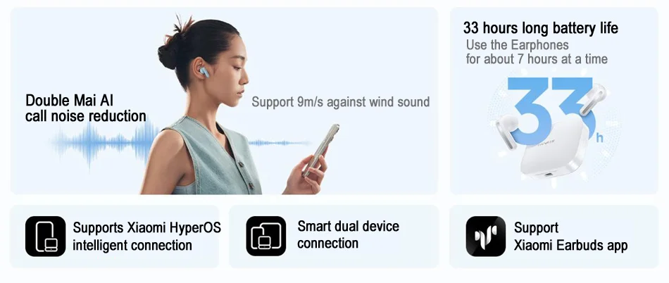 Xiaomi Redmi Buds 6s سماعة TWS سماعة رأس مزودة بتقنية البلوتوث 33 ساعة عمر البطارية ctive إلغاء الضوضاء سماعة أذن