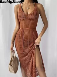 2024 New Sexy Hollow Fishnet Mesh Maxi Knit Dress Women Party Club See Through Bodycon Long Dresses Summer Beach Holiday Outfits