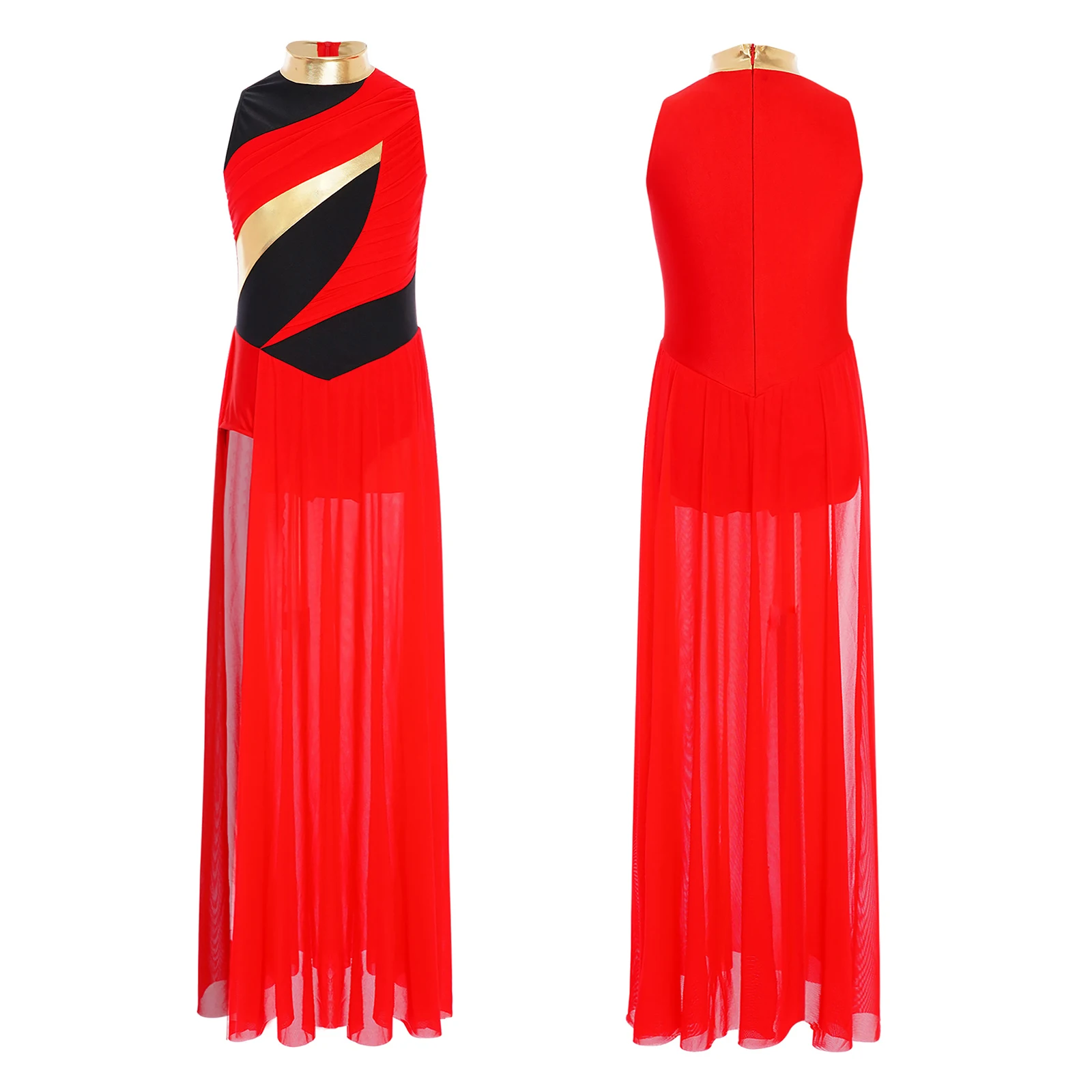 Lyrical Dance Dress Kid Girl Modern Ballet Show Costume Sleeveless Color Block Bodysuit Patchwork Mesh Split Flowy Chiffon Skirt