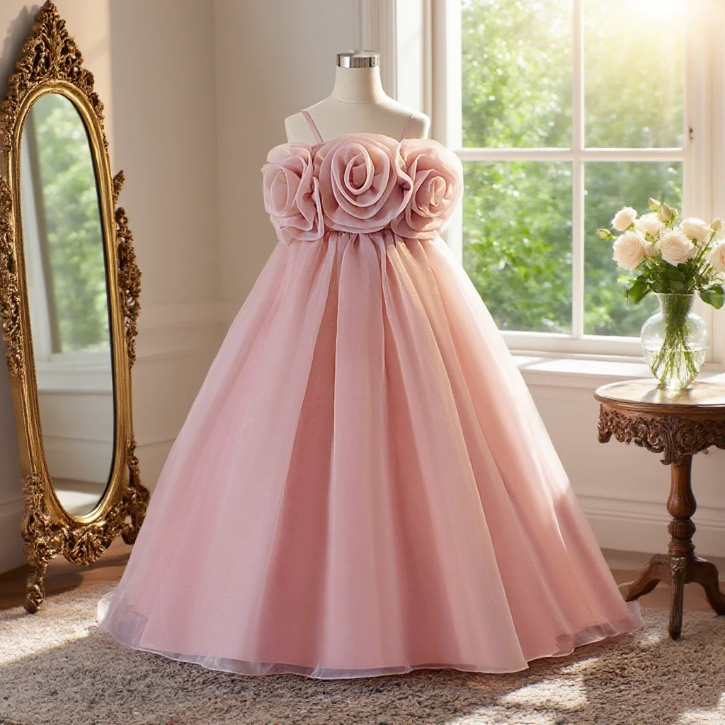

Girls bean paste pink dress long skirt elegant design suitable for birthday party birthday gift anniversary piano performance
