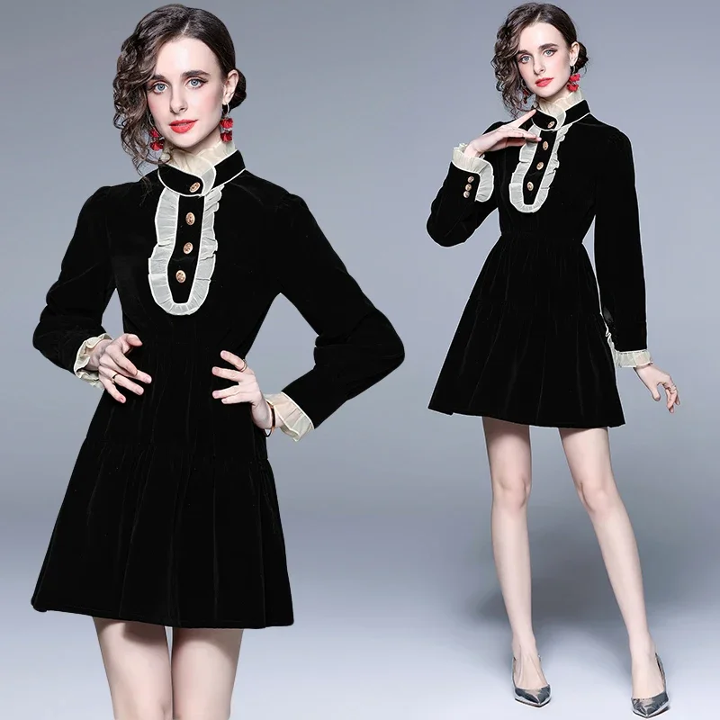 Black Dress Sweet Wear with Autumn 2024 New Women's Hepburn Style Black Velvet Dress