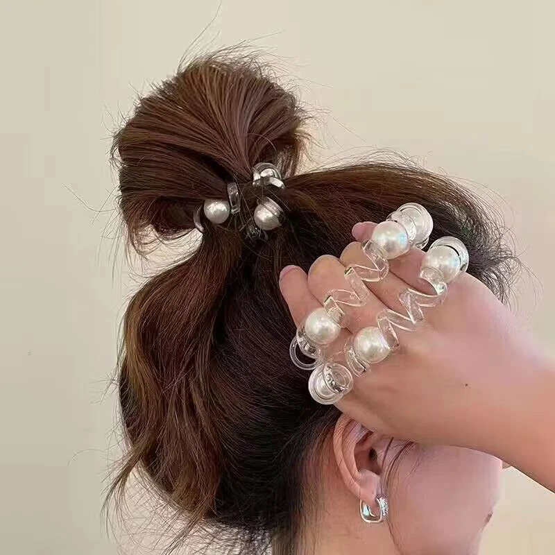 Transparent Pearl Phone Cord Hair Tie Women High Elastic Hair Rope Thicken Beaded Rubber Band High Ponytail Hair Band