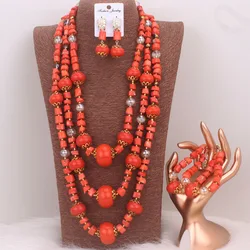Dudo African Layers Orange Nature Coral Beads Jewelry Set With Big Arificial Pressed Coral in The Middle Fashion