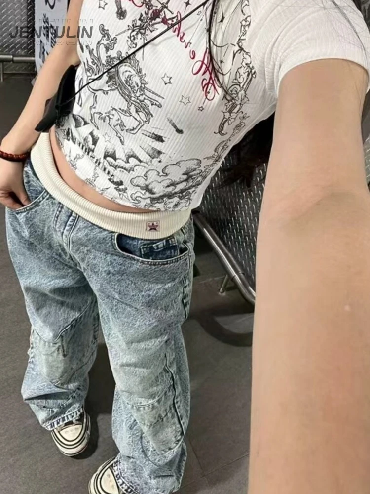 

Retro Punk Unisex Streetwear Hip Hop Baggy Straight-Leg Jeans Washed Whitening Blue Embroidered Spliced Distressed Casual Denim