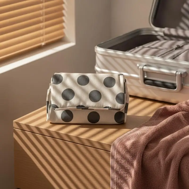 Große Kosmetiktasche mit Polka Dots und eingebautem Spiegel, tragbare, faltbare Reißverschluss-Make-up-Tasche, Reise-Schönheits-Aufbewahrungsorganizer für Frauen – Detail 2