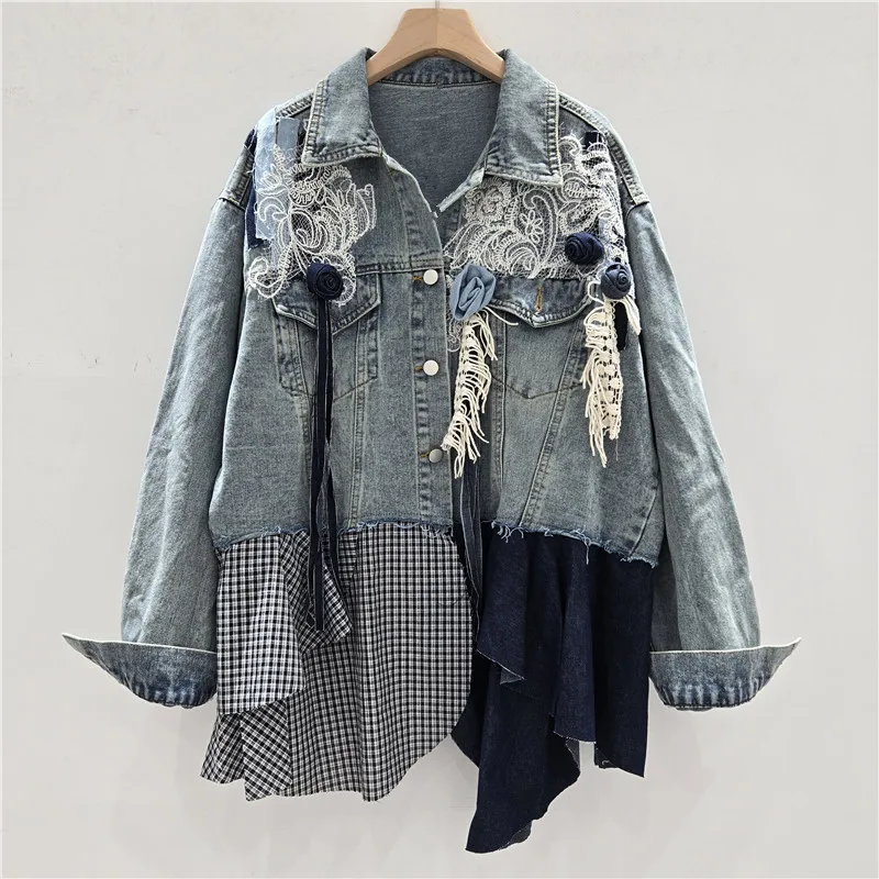 Damen-Jeansjacke mit Patchwork, asymmetrischer Schnitt, Umlegekragen, einreihig, Used-Look, Vintage-Oberbekleidung, Streetwear