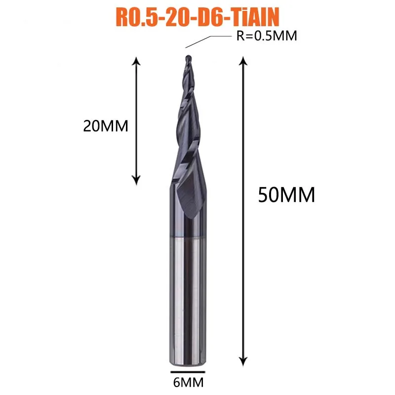 Professionele taps toelopende kogelkopfrees CNC-gereedschap Carbide frees voor hout/aluminium/Cu (2 snijkanten, TiAlN-coating)