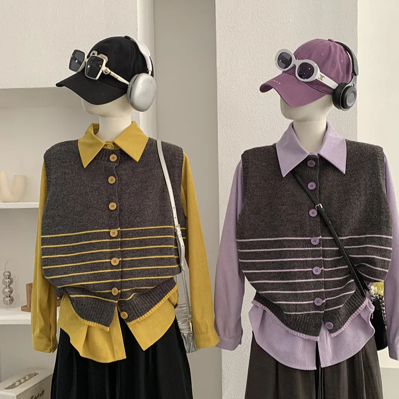 

Oum Corduroy Irt And Трикотажный жилет без певцов Полосатый круглый Ne Женский свободный крой из двух частей Long Sve Simple ...