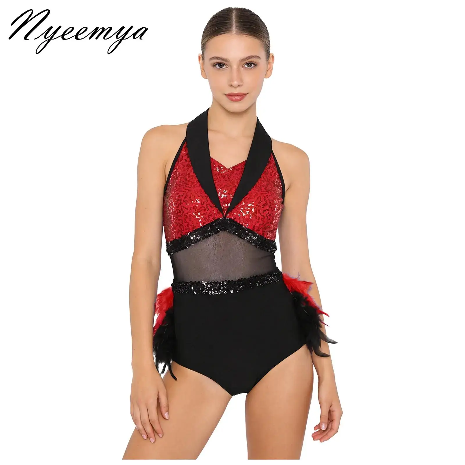 

Ladies Jazz Latin Salsa Tango Ballroom Dance Performance Costume Shiny Sequin Feather Tutu Skirted Leotard Bodysuit Unitard