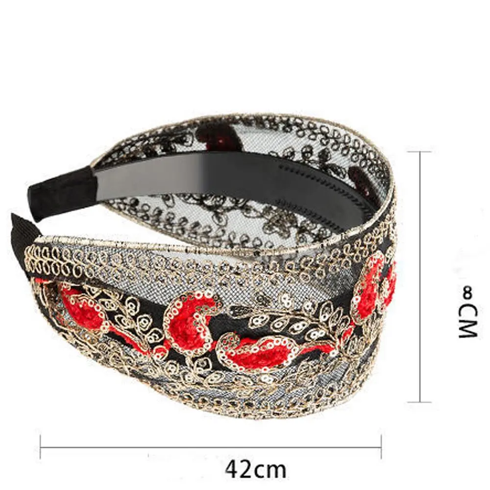 Retro Wide Lace Embroidered Women Headband Sequins Bezel Hair Hoop Female Turban Hairband Head Wrap Bandana