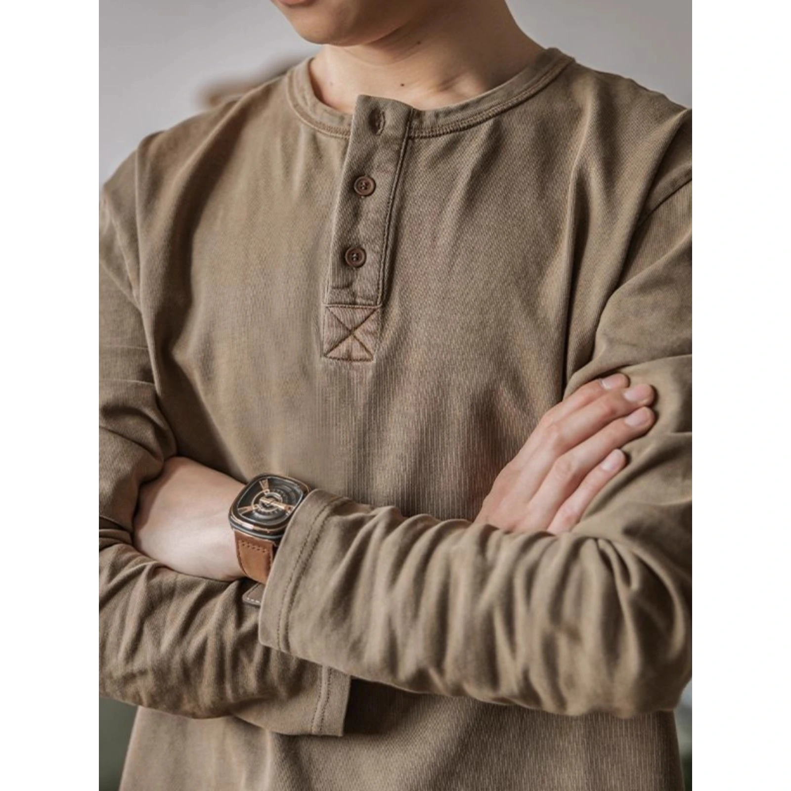 قميص هنري أمريكي كبير الحجم بوزن 300 رطل بأكمام طويلة وياقة فضفاضة للرجال، طبقة أساسية متعددة الاستخدامات للخريف #1