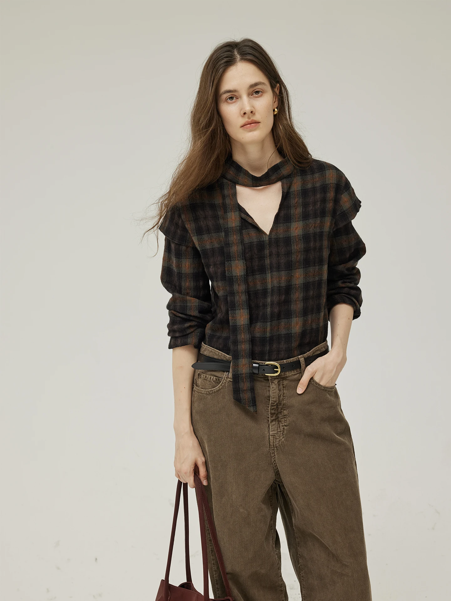 

Moofeel Wool Plaid irt Front Ba Wear Winter New Sle Vintage Ribbon Beautiful Commute Sle Straight Cut Long Sve V-Ne